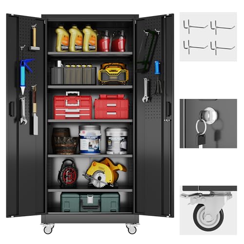 Reemoon 71" H Garage Storage Cabinets with 5 Adjustable Shelves and Door Pegboard,Metal Storage Cabinets with Wheels for Garage Home,Required Assembly,Black Reemoon