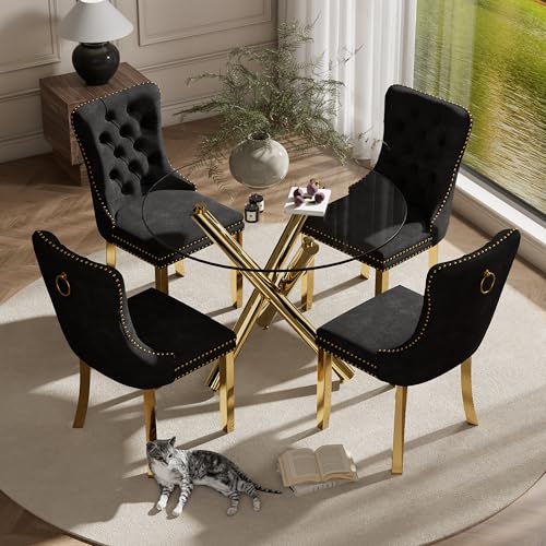 HAIZAO 5 Pieces Gold Round Glass Dining Table Set, Modern Luxury Circle Kitchen Set for 4, 36'' Clear Minimalist Circular Glass Top Dinner Room Set, Black High-end Tufted Chairs, for Small Place HAIZAO