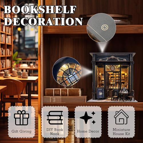 Coffee Shop Book Nook Kit, DIY Miniature House Kit with Led Light for Adult and Teens, 3D Wooden Puzzles Book Nook, Tiny House, Gifts for Family and Friends (with Assembly Manual)