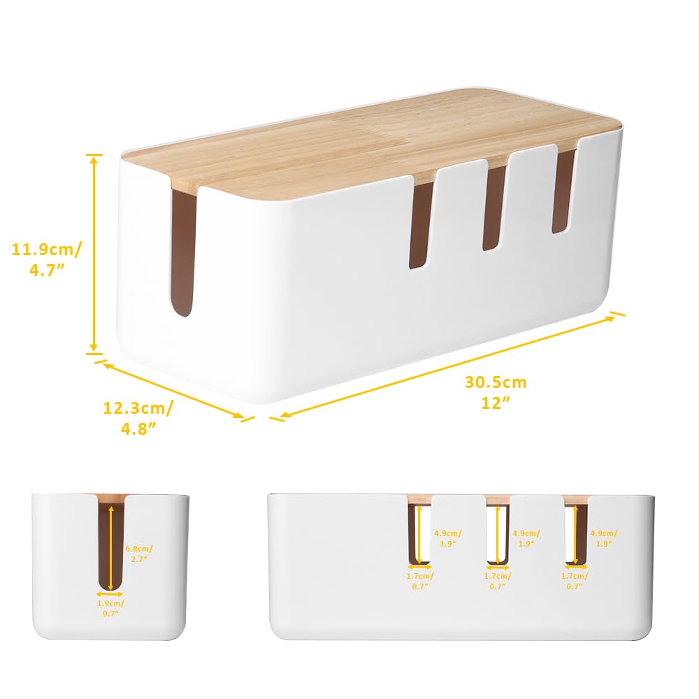 Cable Management Box by Baskiss, 12x5x4.5 inches, Wood Lid, Wire Organizer for Desk TV Computer USB Hub System to Cover and Hide & Power Strips & Cords Baskiss