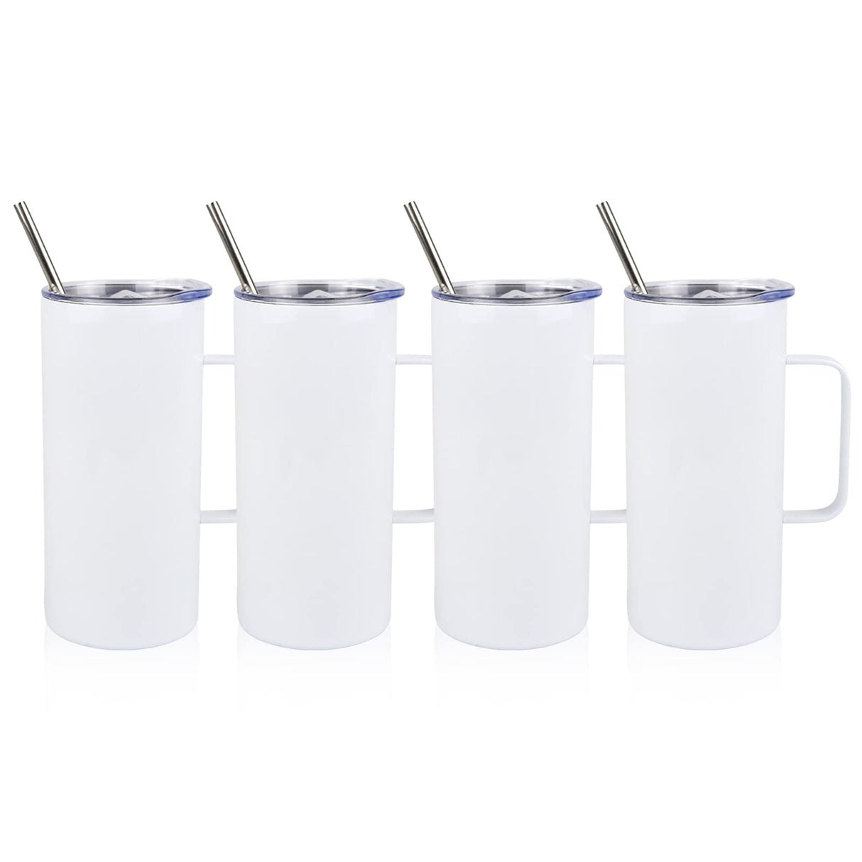 MAIKESUB 4 Pcs Sublimation Blank Skinny Tumbler 16 OZ White Mugs with Handle and Straw Double Wall Stainless Steel Coffee Travel Straight Mug with Sliding Lid MAIKESUB