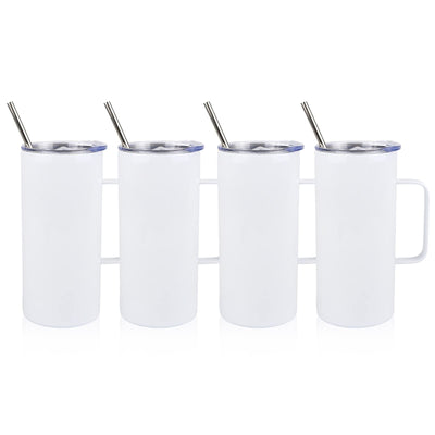 MAIKESUB 4 Pcs Sublimation Blank Skinny Tumbler 16 OZ White Mugs with Handle and Straw Double Wall Stainless Steel Coffee Travel Straight Mug with Sliding Lid