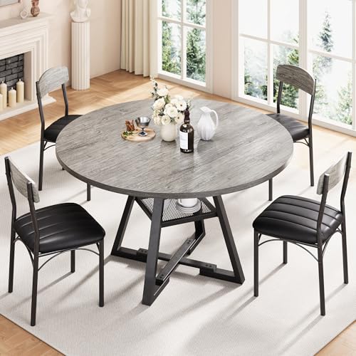Round Dining Table Set for 4, Kitchen Table and Chairs for 4, Circle Table Round Pedestal Dining Room Dinner Dinette Table Set,5 Piece Space Saving Wood Kitchen & Dining Room Tables (Grey, 42In) Jocoevol