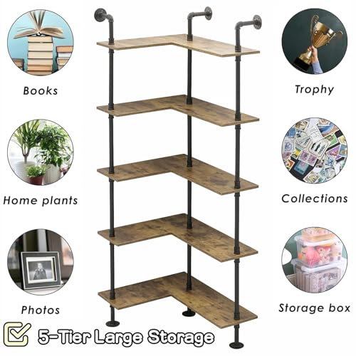 DOFURNILIM Industrial Pipe Corner Bookshelf, Wall Wooden Bookcase with Open Shelves, L Shaped Ladder Pipe Pantry Shelving for Living Room, Bedroom, Home, Office, 5 Tiers DOFURNILIM
