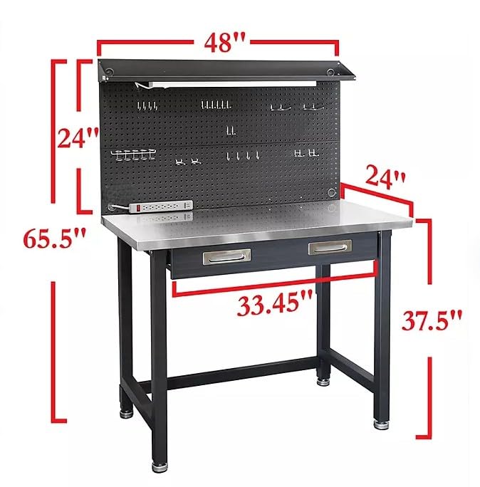 Heavy Duty Lighted Workbench with Pegboard, 48W x 24D x 65.5H inches (Graphite, Stainless Steel Top) WoodArtSupply