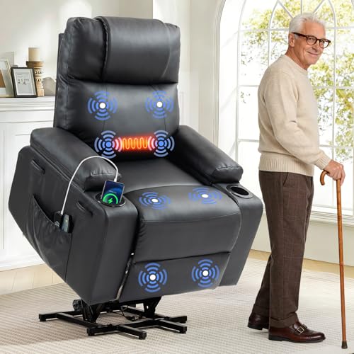 Brage Living Power Lift Recliner Chair for Elderly with Massage & Heat, PU Leather Electric Recliner with USB Charge Port, 160° Adjustable Recline, Stand Assist, Remote Control, Cup Holders (Black)