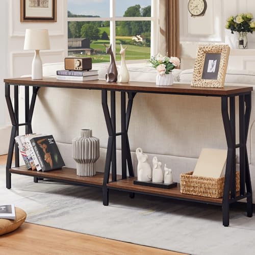 HOMISSUE Sofa Console Table, 70.9" Extra Long Sofa Table with 2-Tier Storage, Industrial Narrow Console Tables Behind Couch, Hallway Table for Entryway, Living Room, Rustic Brown HOMISSUE