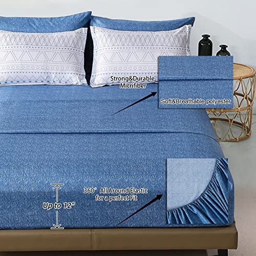 WONGS BEDDING Blue Boho Bed in a Bag Queen,7 Pieces Navy Comforter Set Queen Geometric Comforter Reversible Soft Microfiber Bedding Set with Comforter,Pillowcases,Flat Sheet,Fitted Sheet,Pillow Shams WONGS BEDDING