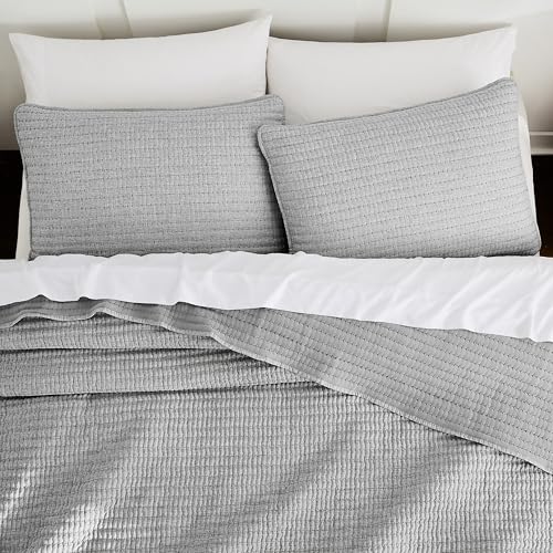 WDCOZY Grey Pick Stitch Twin Size Quilt Set, Striped Channel Lightweight Soft All Season Bedspread, Bamboo Linen Like Textured Coverlet, Farmhouse Country Rustic Bedding, Thin Comforter WDCOZY