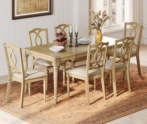 WAMPAT 7-Piece Dining Table Set for 6, Farmhouse Dining Room Set Includes 70 Inch Dinner Table & 6 Cross-Back Dining Chairs, Solid Wood Dining Set for Kitchen, Oak WAMPAT