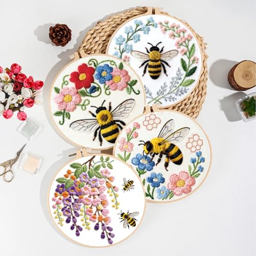 ORIGACH 6 Pack Bees & Flowers Embroidery Kits for Beginners, DIY Starter Hand Embroidery Kit with Floral & Bees Patterns and Instructions for Adults Women Crafting