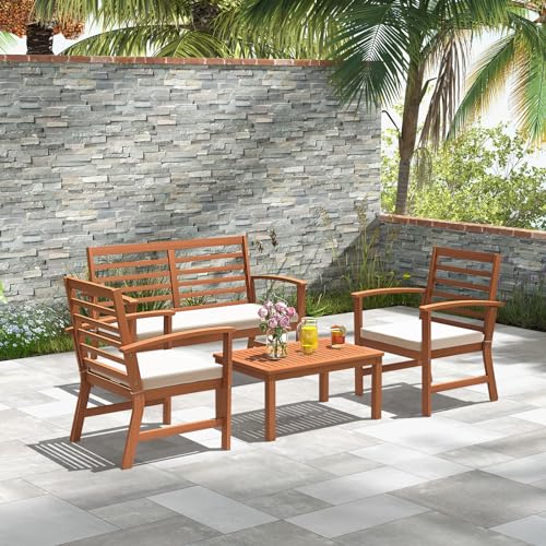 Tangkula 4 Pieces Outdoor Furniture Set, Acacia Wood Conversation Set w/Soft Seat Cushions, Stable Acacia Wood Frame, Patio Sofa & Coffee Table Set for Backyard, Porch, Poolside (White) Tangkula