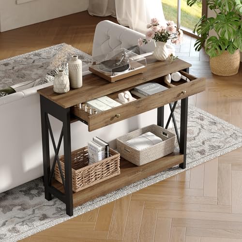 Treocho Console Table with Drawer and Storage Shelves, Foyer Sofa Table Narrow for Entryway, Living Room, Hallway Rustic Oak & Black Treocho