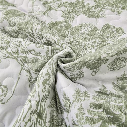 WONGS BEDDING Botanical Quilt Set Full Size, Sage Green 3 Pieces Toile Floral Plants Printed Bedspread Bedding Set Soft Lightweight Microfiber Coverlet Set for All Season (90"x78") WONGS BEDDING