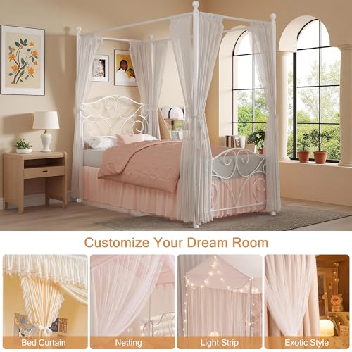 VECELO Metal Canopy Bed Frame Twin Size, 4 Posters Platform Mattress Foundation with Headboard, Heavy Duty Steel Slats Support, No Box Spring Needed, White