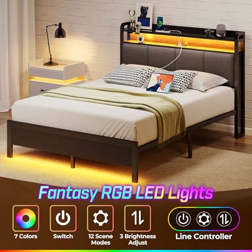 Rolanstar Bed Frame Twin Size with Charging Station and LED Lights, Upholstered Headboard with Storage Shelves, Heavy Duty Metal Slats, No Box Spring Need, Noise Free, Easy Assembly, Dark Grey Rolanstar