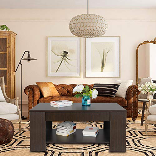 SUPER DEAL Modern Lift Top Coffee Table w/Hidden Compartment and Storage Shelves Pop-Up Storage Cocktail Table for Living Room Reception Room SUPER DEAL