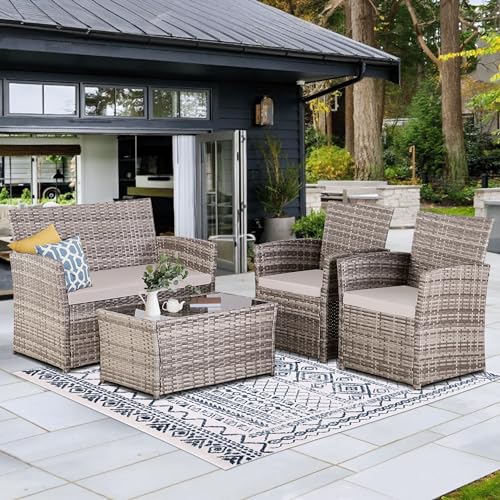 Seogwisam 4 Piece Patio Furniture Set,Outdoor Wicker Conversation Sets,Rattan Sectional Sofa w/Coffee Table,Seat Cushions for Backyard Porch Garden Poolside (Gray/Gray) Seogwisam