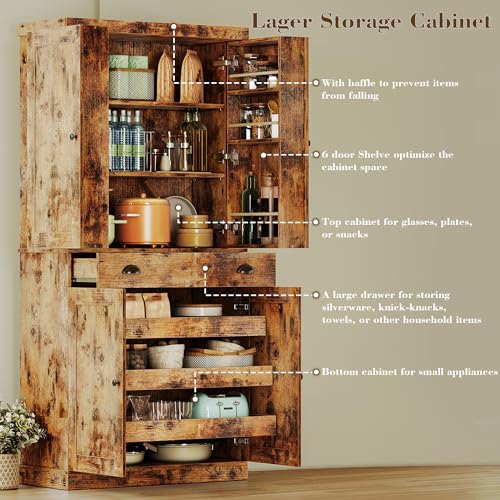 IRONCK Kitchen Pantry Cabinet with Sliding Storage Rack and 6 Hanging Shelves, 72" Height Tall Freestanding Cupboard for Living Room, Dining Room, Laundry, Vintage Brown IRONCK