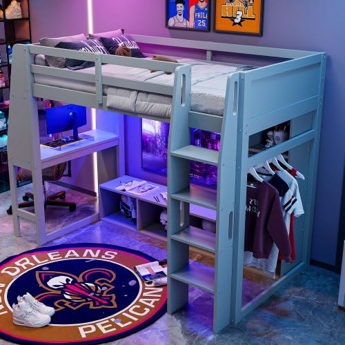 Wooden Gaming Loft Bed with LED Desk, Twin Size Gaming Loft Bed with Storage Shelves and Hanging Clothes Rack, Grey Bellemave