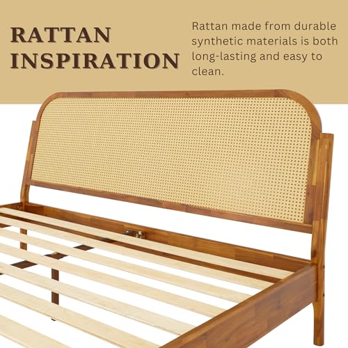Bme Aurelia King Solid Wood Bed Frame with Rattan Headboard – Bohemian & Mid Century Modern Luxury Bme