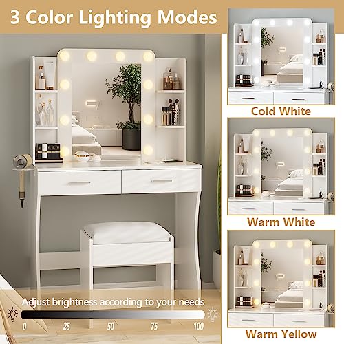 Vanity Desk with Lights,Makeup Vanity with Power Strip,Dressing Table Set with 2 Large Drawers,Vanity Mirror 3 Lighting Color Adjustable,White Vabches