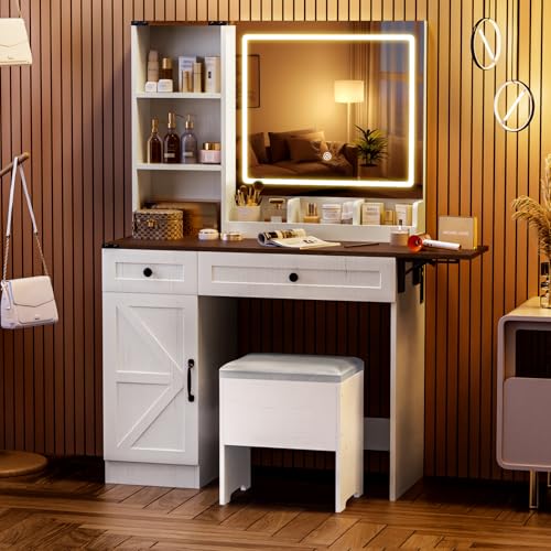 NUNU LAB Farmhouse Makeup Vanity Desk with Mirror and Lights, Large Makeup Vanity Table with Power Outlet, Drawers and Cabinet, Vanity Set Dressing Table with Storage Bench for Women Girls, Brown NUNU LAB
