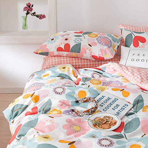 Floral Duvet Cover Twin, 100% Cotton 3 pcs Twin Flower Bedding Set, Garden Reversible Duvet Cover, with Zipper Closure, Breathable (No Comforter) CottonLife