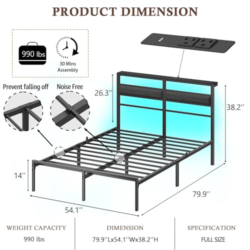 OURPIC Full Size Bed Frame with Headboard, Bed Frame Full Size with LED Light and Charging Station, Black Metal Platform Bedframe and Storage Shelf, No Box Spring Needed, Noise Free OURPIC