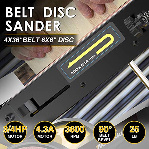 Woodskil 4.3A Belt Sander, 4 x 36 in. Belt & 6 in. Disc Sander, Double Dust Exhaust Port, Steel Base, 2Pcs Sandpapers Included Woodskil