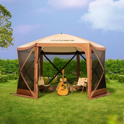VIVOHOME 10x10ft Pop-Up Gazebo Screen Tent, 6-Sided Instant Outdoor Canopy Shelter with Large Main Door, Wind Panels, and Screens for Outdoor Parties, Camping, Lawn and Backyard VIVOHOME
