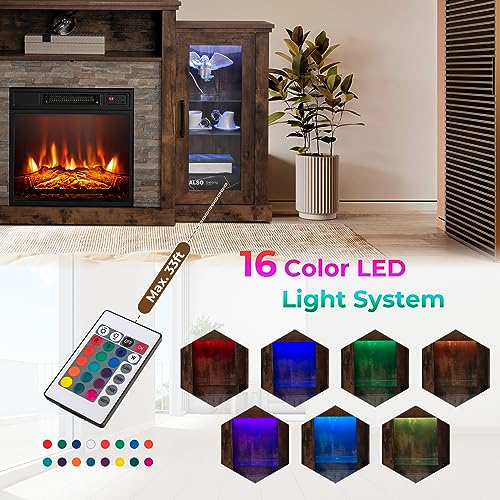 COSTWAY Electric Fireplace TV Stand for TVs Up to 65 Inches, 18-inch Fireplace Insert with APP Control, Remote Control, 16 Color Lights, Wooden Entertainment Center with Adjustable Shelves, Brown COSTWAY