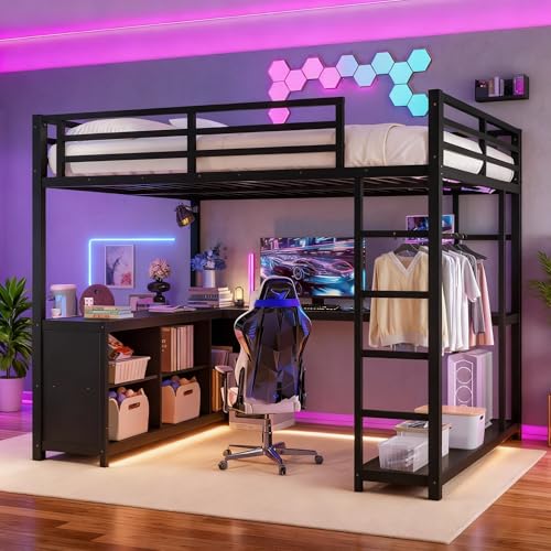Queen Loft Bed with L-shaped Desk and Wardrobe, Metal Loftbed with Storage Cubes and Shelves, Heavy-duty Loft Bed Frame for Kids, Teens, Adults, Noise-free and No Box Spring Needed Design, Black Bellemave