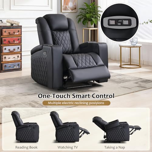 ANJ Home Theater Seating Power Recliner Set of 4 with Arm Storage, Faux Leather Recliner Sofa with LED Light, Electric Movie Reclining Chairs with USB Ports & Cup Holders for Media Living Room, Black