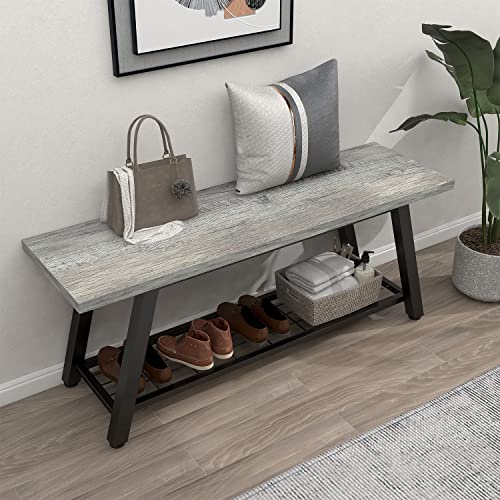 Oastreeful Grey Storage Bench Industrial Rustic Wooden and Metal Entryway Shoe Boots Storage Rack Long Bench Seat for Hallway Bedroom Rustic Farmhouse Style Oastreeful