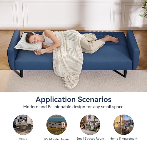 AMICLIBER Futon Sofa Bed,75.8" Linen Fabric Comfy Futon Couch Bed,3 Seater Convertible Sleeper Sofa with Adjustable Backrests,Modern Folding Loveseat for Living Room,Office,Apartment,Bedroom,Blue AMICLIBER