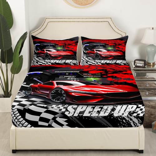 Feelyou Kids Twin Size Red Sports Car Bed Sheet Set for Boys & Girls, Race Car Bedding with Buffalo Plaid Bed Cover Feelyou