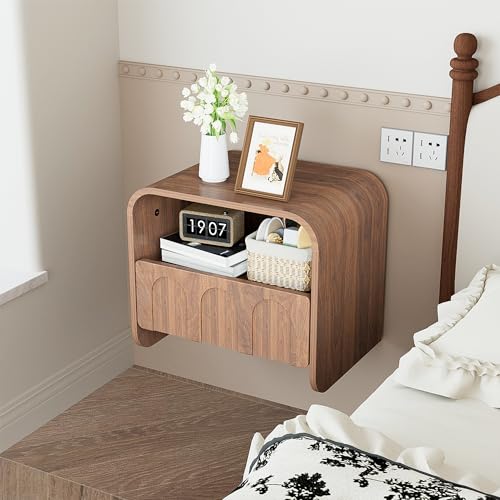 Floating Nightstand Set of 2, Small Night Stand with Drawer and Open Storage Shelf, Modern Wall Mounted Bedside Table, Farmhouse Wooden Nightstands for Bedroom, Living Room Jimmhome