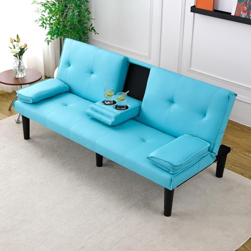 AnoYishev Futon Sofa Bed PU Leather Modern Convertible Futon Couch with Removable Armrests, Cup Holders, Loveseat Sleeper Sofa Bed for Living Room, Apartment, Small Spaces (Blue) AnoYishev