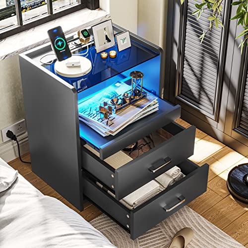 VIAGDO Nightstand with Charging Station and LED Lights, Black Night Stand with Glass Top and Storage Drawers, End Side Tables with Pull-Out Tray and USB Ports, Modern Bedside Tables for Bedroom VIAGDO