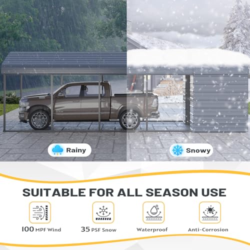 EROMMY 12x25 FT Carport Storage Shed 2-in-1, Heavy Duty Car Port with Galvanized Metal Frame, Base-Reinforced Enclosed Storage Shelter, Extended Coverage for Trucks, Cars & All Vehicles, Gray EROMMY