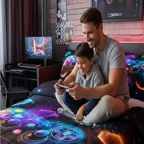 Erosebridal Game Consoles Gamer Bedding Set King Gamer Gifts,Gaming Comforter Sets for Boys Space Glow Geometric Kids Comforter Sets Boys Red Green Blue Teal,Teen Boy Room Decor Erosebridal