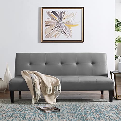 Naomi Home Gray Faux Leather Futon Sofa Bed, Modern Convertible Sofa with Wooden Legs, Reclining Small Couch Bed, Durable and Sturdy, 66'D x 32'W x 31'H Naomi Home