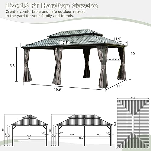 Domi 12' X 18' Hardtop Gazebo, Aluminum Metal Gazebo with Galvanized Steel Double Roof Canopy, Curtain and Netting, Permanent Gazebo Pavilion for Patio, Backyard, Deck, Lawn domi outdoor living