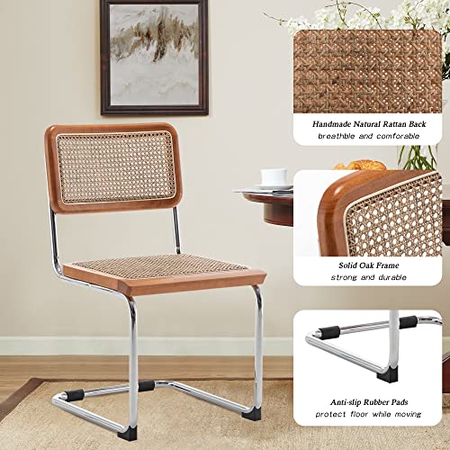 Alunaune Modern Mid Century Dining Chairs Set of 2, Upholstered Natural Rattan Kitchen Chairs Accent Chair, Armless Side Chairs with Metal Chrome Legs for Bedroom Living Room-Brown Alunaune