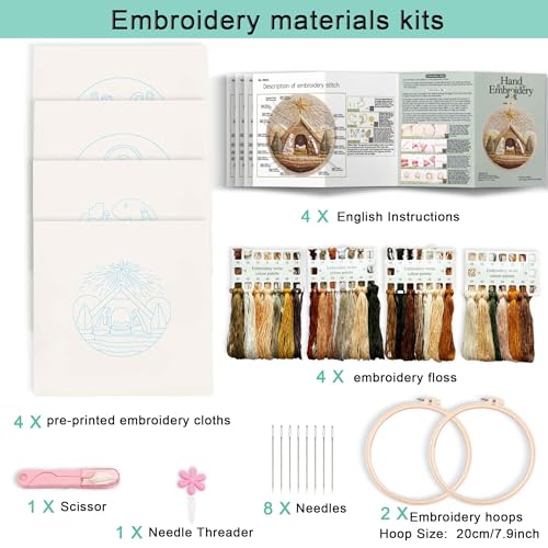 REEWISLY 4set Christmas Embroidery Kit for Adults Beginners, 4 Nativity Scenes with 2 Hoops, Counted Cross Stitch Kits with Floss & Needles, Beginner Embroidery Starter Kit for Handmade Holiday Decor