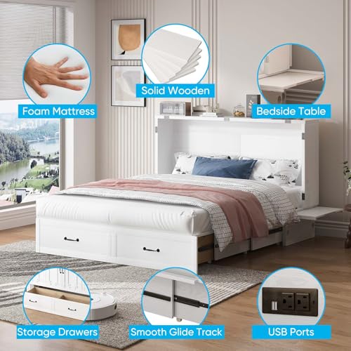 Mjkone Queen Murphy Bed, Modern Cabinet Bed with Tri-Folding Mattress & USB Charging Station, Space-Saving Adult Guest Beds with 2 Drawers & Side Storage Board for Bedroom/Living Room (White)