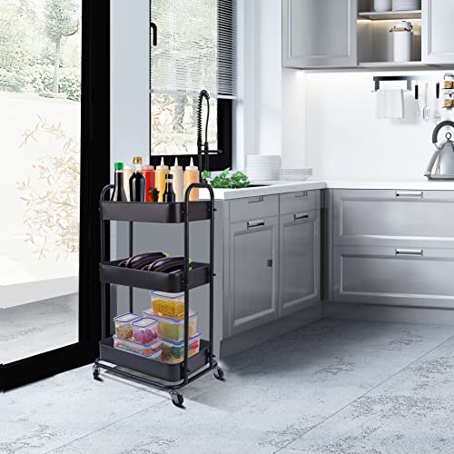 YOHKOH 3-Tier Metal Rolling Utility Cart, Storage Trolley Cart with Mesh Baskets and Lockable Wheels for Bathroom Kitchen Office (Dark Black) YOHKOH