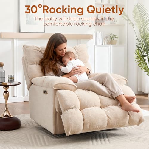 Atrtivoent Oversized Swivel Power Rocker Recliner,Electric Recliner Chairs for Adults,Extra Wide Seat Recliners,Upholstered Nursery Reclining Glider Chair,Swivel Chairs for Living Room,Beige