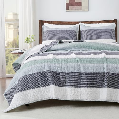 Andency Queen Quilt Bedding Set Sage Green, 3 Pieces Patchwork Mint Green Striped Ultra Soft Lightweight Bedspreads, Coverlets Set with 2 Pillow Shams for All Seasons (90"x96")